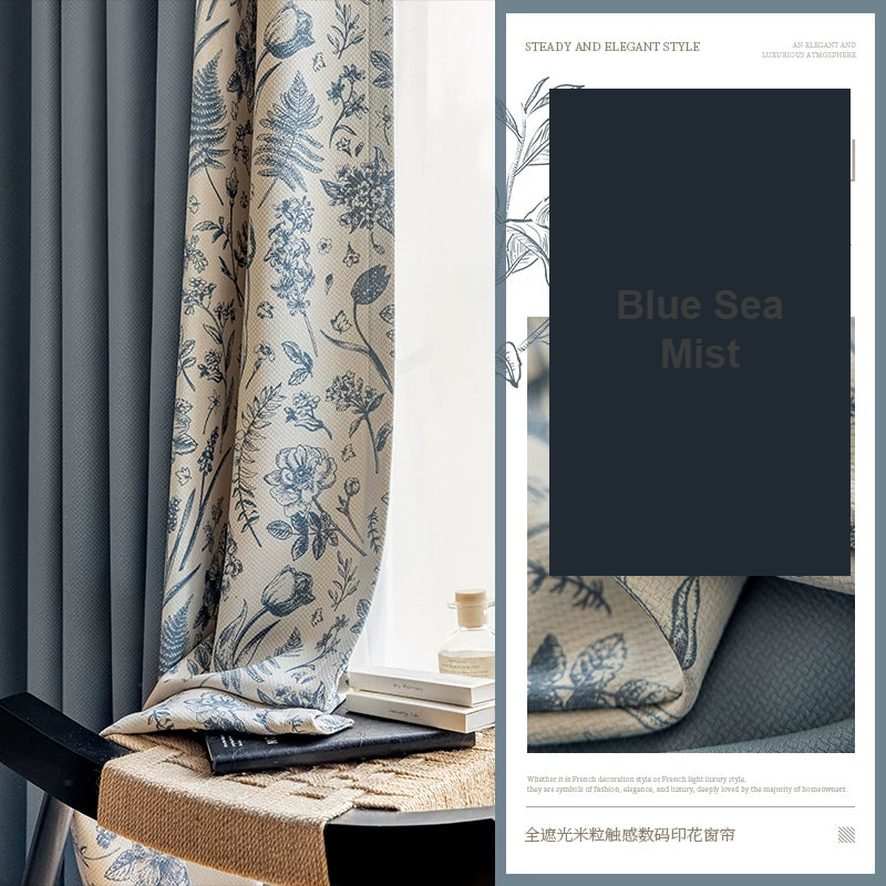Blue and Sea Mist French floral patchwork digital print curtains — Decoee Australia made-to-measure