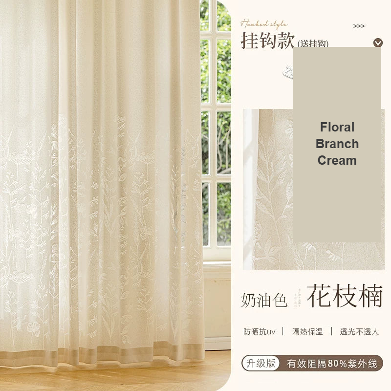 Cream Floral Branch embroidered French romantic sheer curtains — Decoee Australia made-to-measure