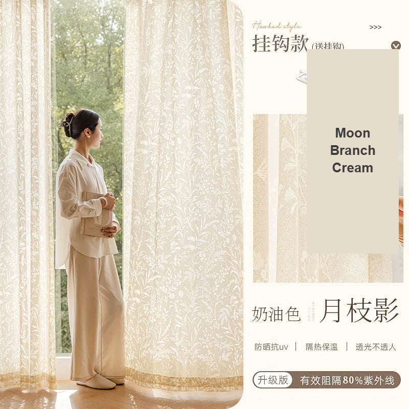 Cream Moon Branch Shadow embroidered sheer voile curtains — Decoee Australia made-to-measure