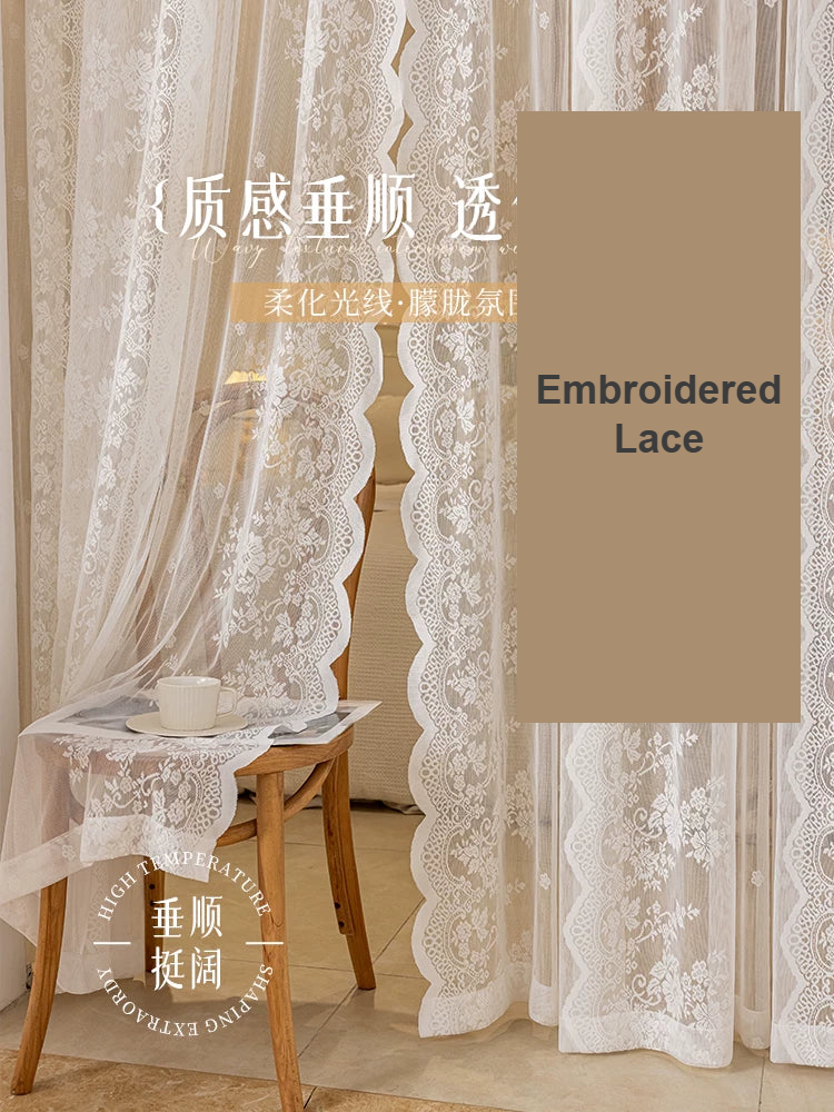 French lace embroidered sheer voile door curtain detail — Decoee Australia ready-to-order