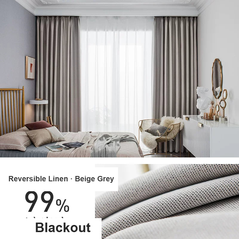 Beige Grey faux cotton-linen blackout curtains — Decoee Australia