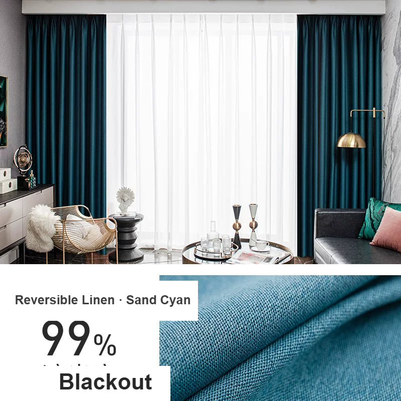 Sand Cyan faux cotton-linen blackout curtains — Decoee Australia