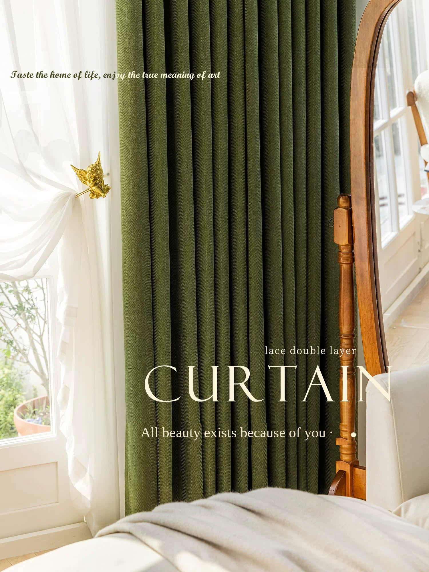 Vintage Herringbone Chenille Blackout Curtains — Olive Green, English version