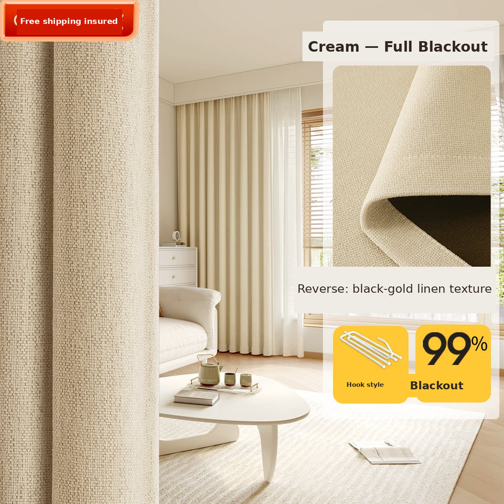 Cotton-Linen Texture Blackout Curtains — Cream 99% blackout