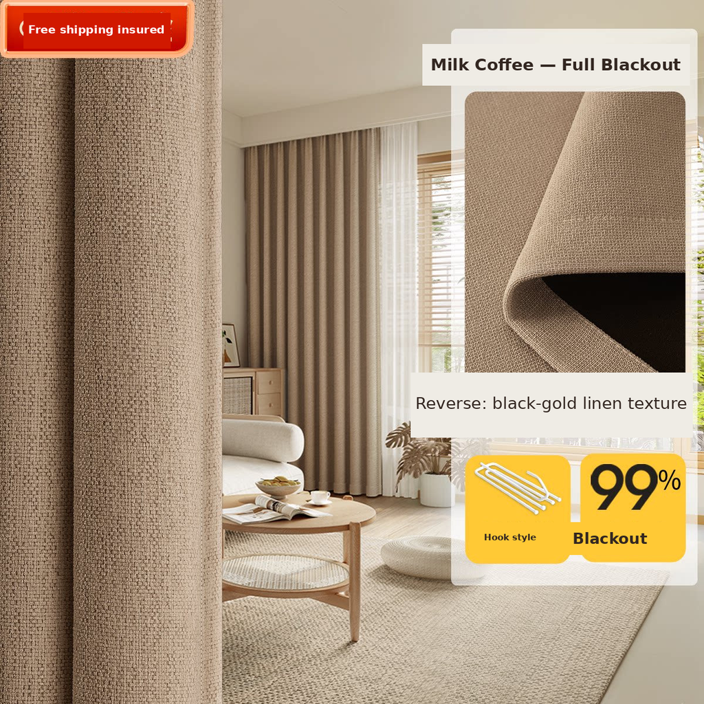 Cotton-Linen Texture Blackout Curtains — Milk Coffee 99% blackout