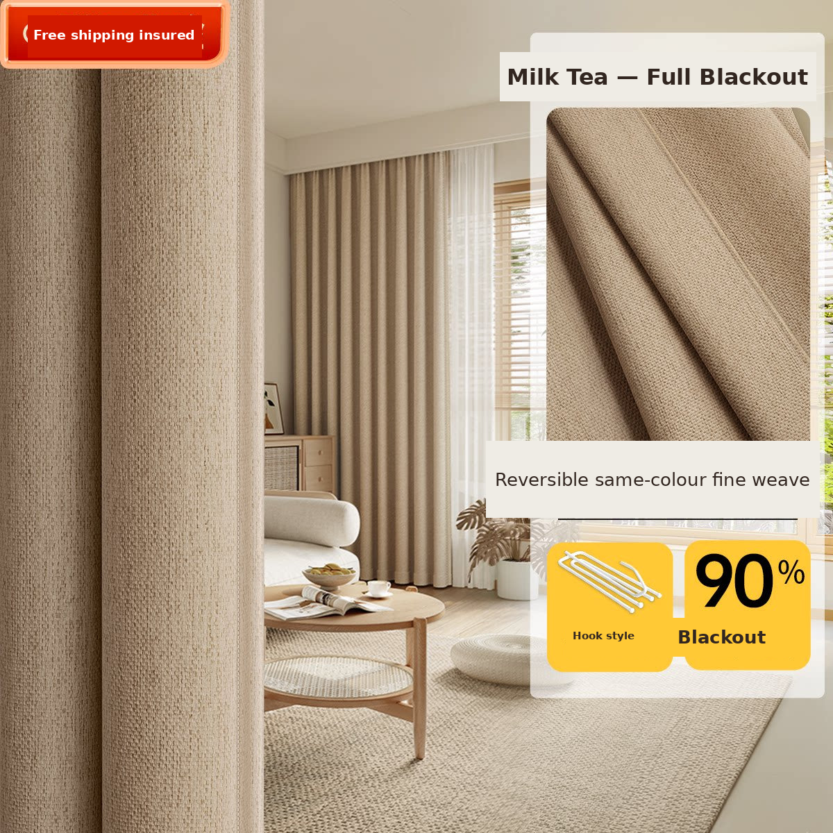 Cotton-Linen Texture Blackout Curtains — Milk Tea 90% blackout