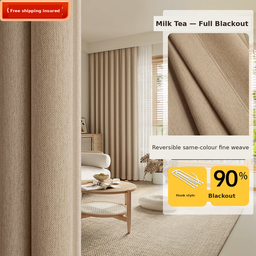 Cotton-Linen Texture Blackout Curtains — Milk Tea 90% blackout