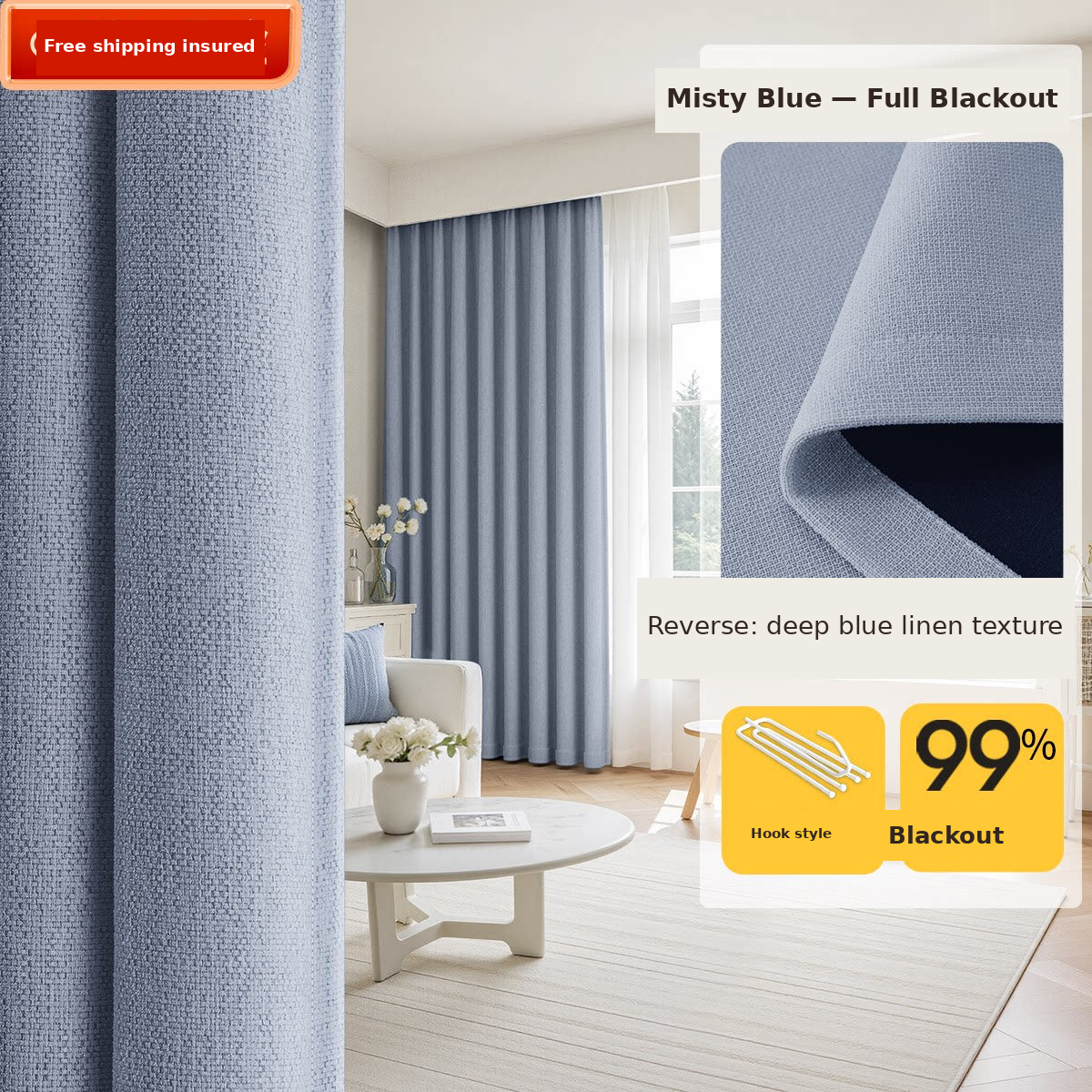 Cotton-Linen Texture Blackout Curtains — Misty Blue 99% blackout