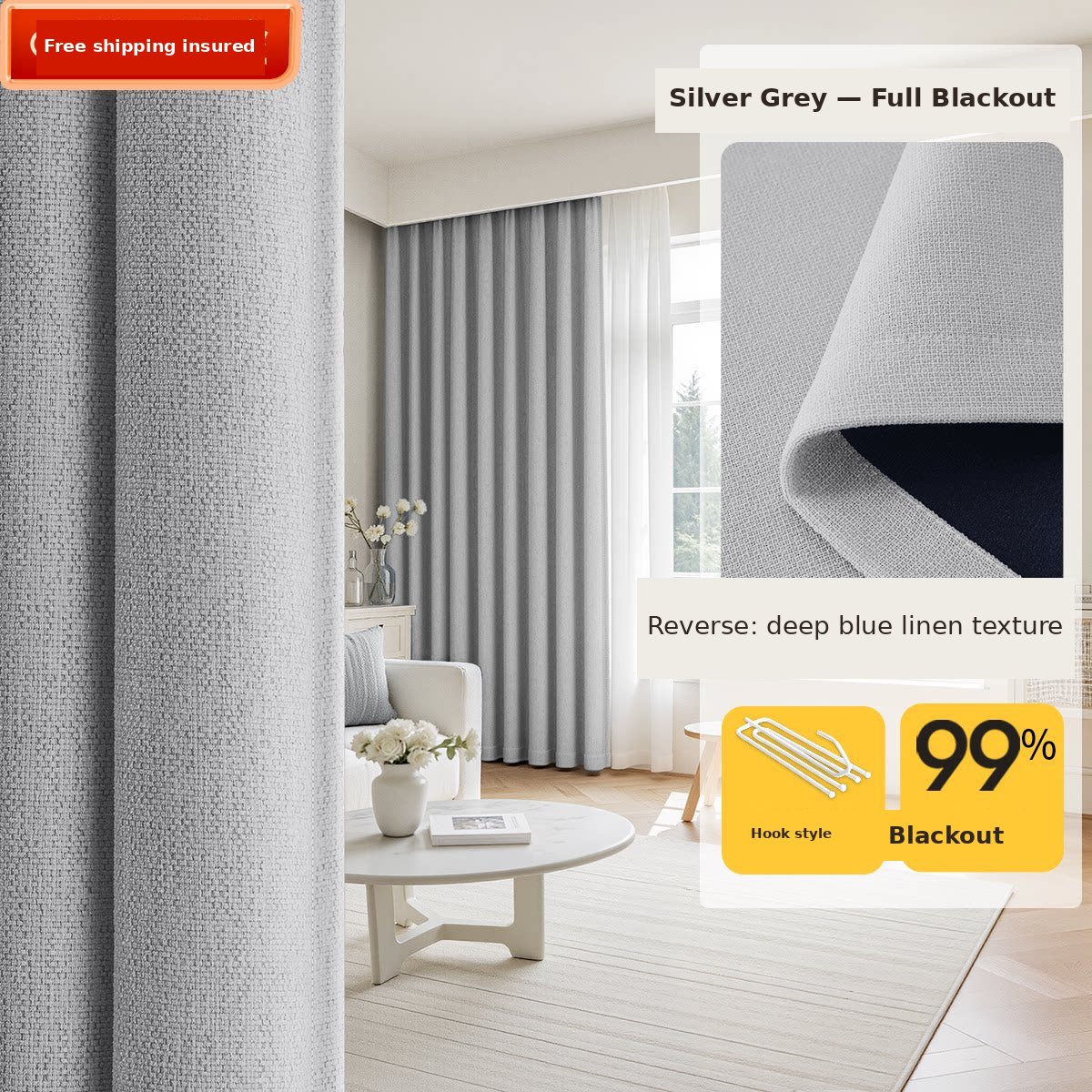 Cotton-Linen Texture Blackout Curtains — Silver Grey 99% blackout
