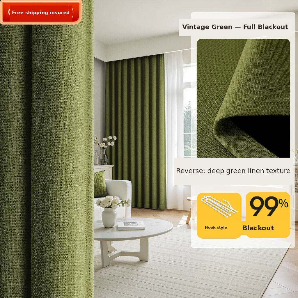 Cotton-Linen Texture Blackout Curtains — Vintage Green 99% blackout