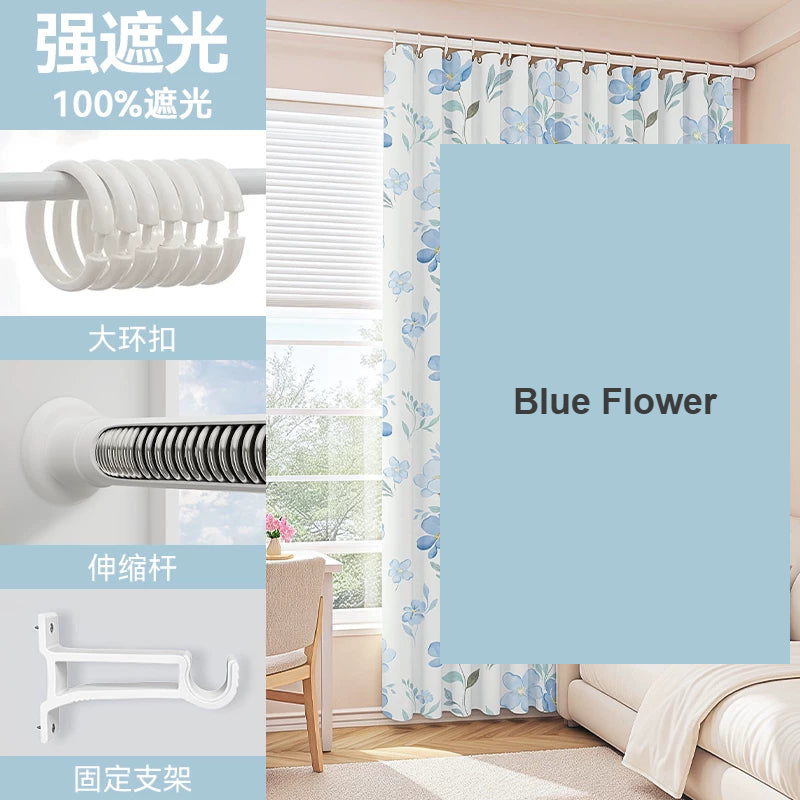 Blue Flower printed blackout tension-rod curtain kit nursery — Decoee Australia ready-to-order