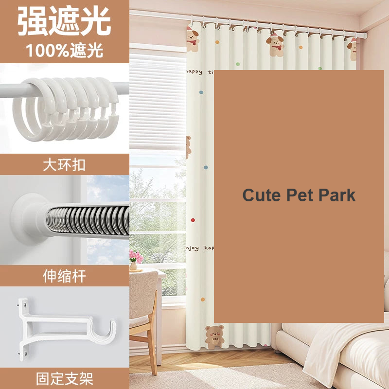 Cute Pet Park printed blackout tension-rod kit all-in-one kids — Decoee Australia ready-to-order