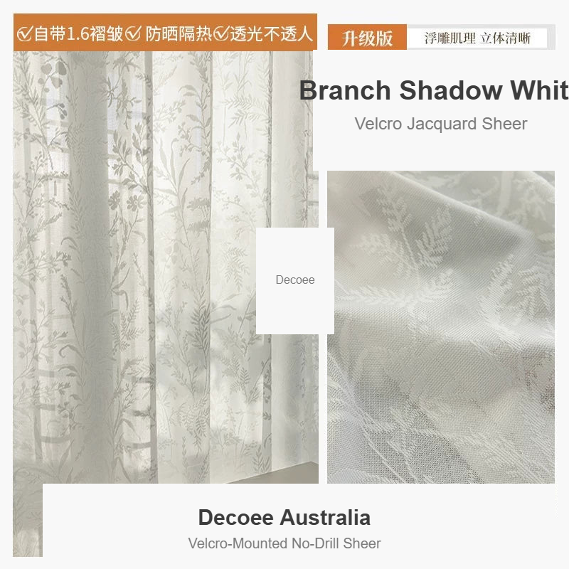 Branch Shadow White velcro jacquard sheer no-drill voile curtains — Decoee Australia ready-to-order